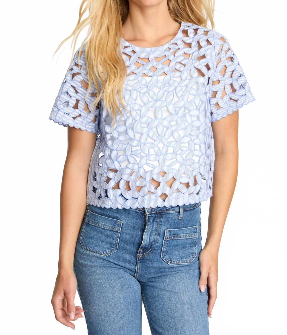NEW CABALLERO carmen top in blue/ white seersucker
